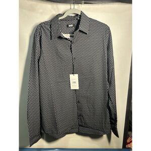 New Mens DKNY Long Sleeve Button Up Shirt Sz M Black Gray Geometric Stretch NWT